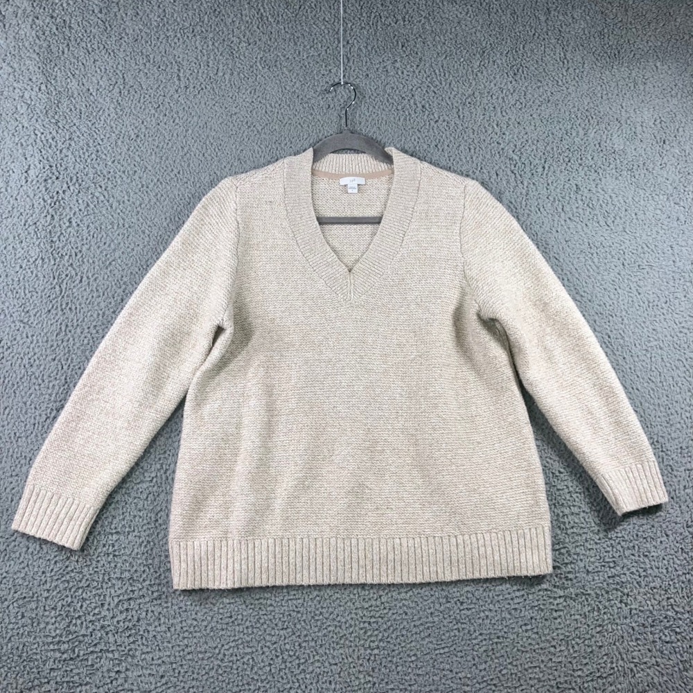 J Jill Sweater Women Large V Neck Speckled Knit‎ Long Sleeve Beige Minimalist - Picture 2 of 12